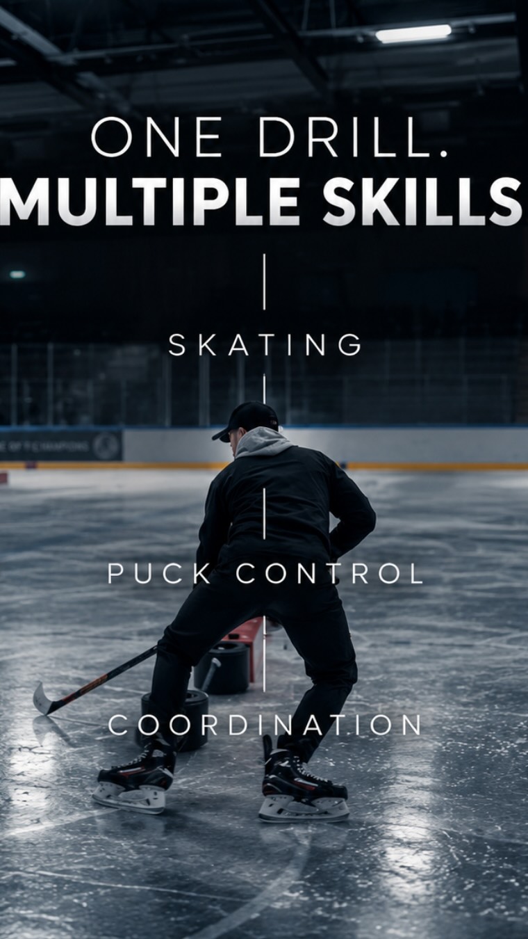 A Puckly coach demonstrates a skating and puck-control drill on the ice